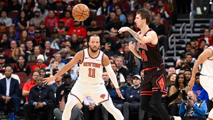 Oct 28, 2026; Chicago, Illinois, USA;  Chicago Bulls forward Matas Buzelis (14) passes away from New York Knicks guard Jalen Brunson (11) during the second half at United Center.  Mandatory Credit: Matt Marton-Imagn Images