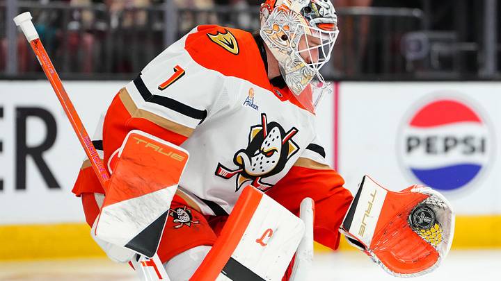 May 6, 2026; Las Vegas, Nevada, USA; Anaheim Ducks goaltender Lukas Dostal (1) warms up before the start of game two against the Vegas Golden Knights in the second round of the 2026 Stanley Cup Playoffs at T-Mobile Arena. Mandatory Credit: Stephen R. Sylvanie-Imagn Images