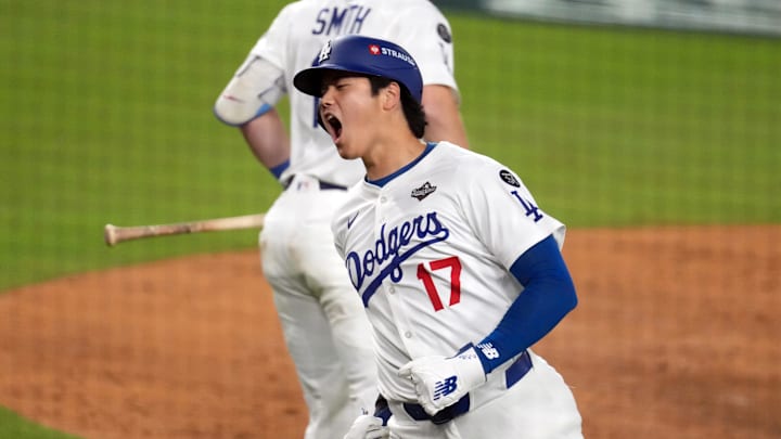 Oct 27, 2025; Los Angeles, California, USA; Los Angeles Dodgers two-way player Shohei Ohtani (17) celebrates after scoring on a single by first baseman Freddie Freeman (not pictured) in the fifth inning against the Toronto Blue Jays during game three of the 2025 MLB World Series at Dodger Stadium. Mandatory Credit: Kirby Lee-Imagn Images Oct 27, 2025; Los Angeles, California, USA; Los Angeles Dodgers two-way player Shohei Ohtani (17) celebrates after scoring on a single by first baseman Freddie Freeman (not pictured) in the fifth inning against the Toronto Blue Jays during game three of the 2025 MLB World Series at Dodger Stadium. Mandatory Credit: Kirby Lee-Imagn Images