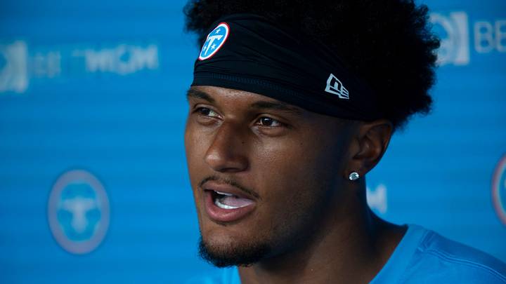Tennessee Titans cornerback Alontae Taylor (24) talks with the media after the joint practice with the Seattle Seahawks at Vanderbilt Health Football Center Friday, Aug. 21, 2026.