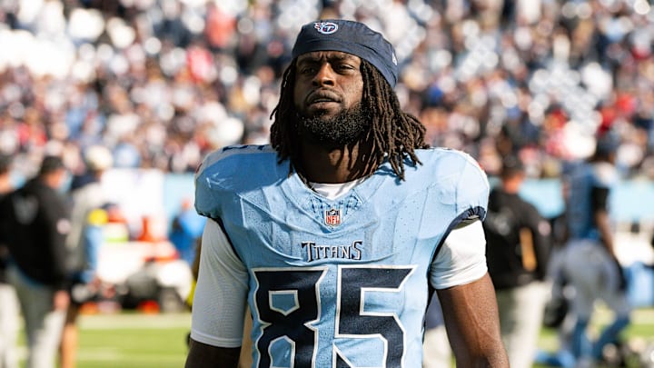Oct 19, 2025; Nashville, Tennessee, USA;  Tennessee Titans tight end Chigoziem Okonkwo (85) walks off the field post game against the New England Patriots at Nissan Stadium. Mandatory Credit: Steve Roberts-Imagn Images