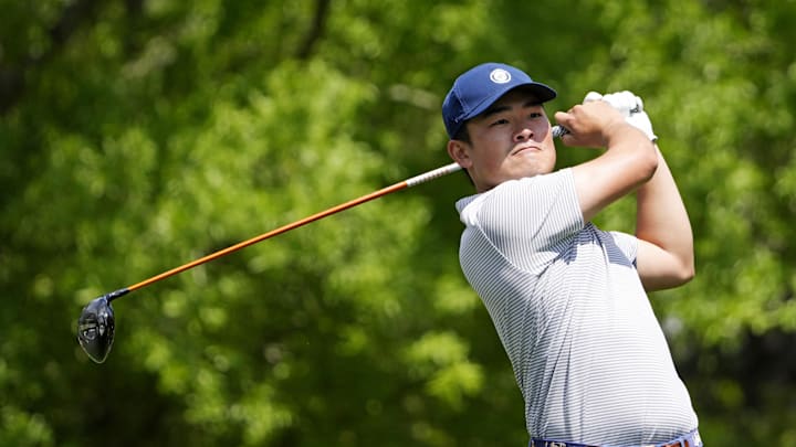 Apr 10, 2025; Augusta, Georgia, USA; Hiroshi Tai plays his shot from the fifth tee during the first round of the Masters Tournament. Mandatory Credit: Kyle Terada-Imagn Images