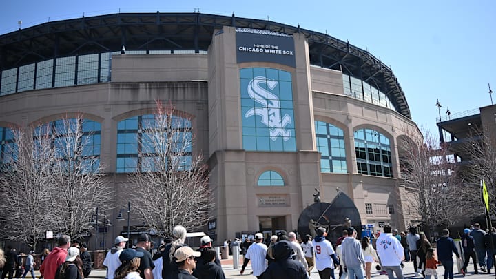 Fans are seen walking outside in a general view prior to a game between the Chicago White Sox and the Boston Red Sox at Rate Field in Chicago on April 12, 2025.