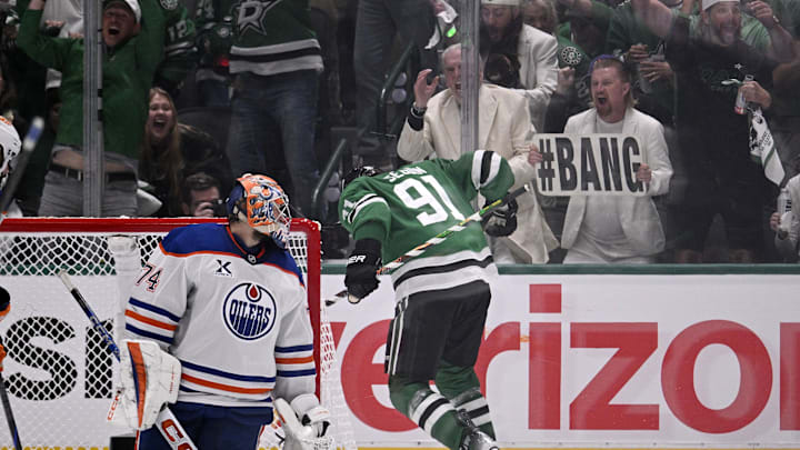 Dallas Stars center Tyler Seguin (91) reacts after scoring a goal against the Edmonton Oilers