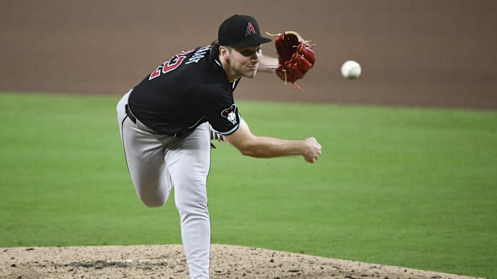 Jul 9, 2025; San Diego, California, USA; Arizona Diamondbacks starting pitcher Brandon Pfaadt (32) delivers during the seventh inning against the San Diego Padres at Petco Park. Mandatory Credit: Denis Poroy-Imagn Images Jul 9, 2025; San Diego, California, USA; Arizona Diamondbacks starting pitcher Brandon Pfaadt (32) delivers during the seventh inning against the San Diego Padres at Petco Park. Mandatory Credit: Denis Poroy-Imagn Images