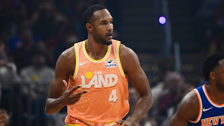 Feb 24, 2026; Cleveland, Ohio, USA; Cleveland Cavaliers center Evan Mobley (4) celebrates after hitting a three point basket against the New York Knicks during the first quarter at Rocket Arena. Mandatory Credit: Ken Blaze-Imagn Images Feb 24, 2026; Cleveland, Ohio, USA; Cleveland Cavaliers center Evan Mobley (4) celebrates after hitting a three point basket against the New York Knicks during the first quarter at Rocket Arena. Mandatory Credit: Ken Blaze-Imagn Images