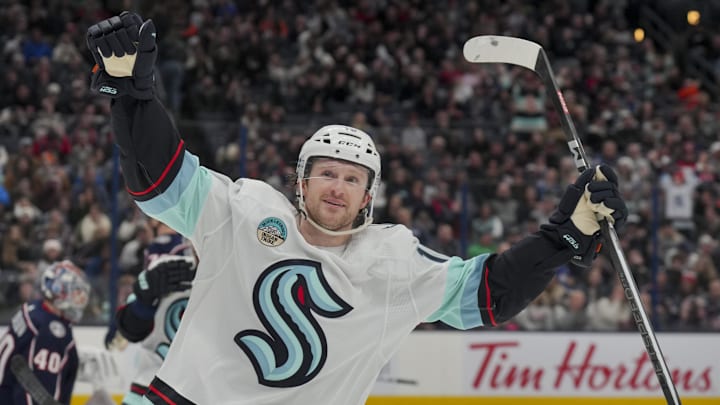 cJan 13, 2024; Columbus, Ohio, USA;  Seattle Kraken left wing Jared McCann (19) celebrates after scoring a goal against the Columbus Blue Jackets in the third period at Nationwide Arena. Mandatory Credit: Aaron Doster-Imagn Images