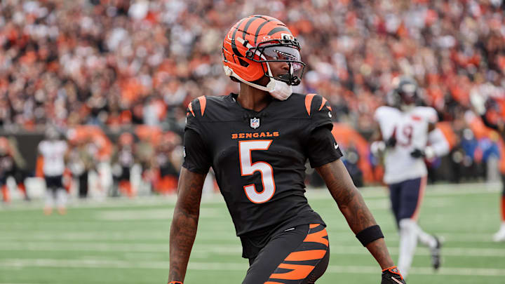 Nov 2, 2025; Cincinnati, Ohio, USA; Cincinnati Bengals wide receiver Tee Higgins (5) reacts after scoring a touchdown against the Chicago Bears during the second quarter at Paycor Stadium. Mandatory Credit: Joseph Maiorana-Imagn Images