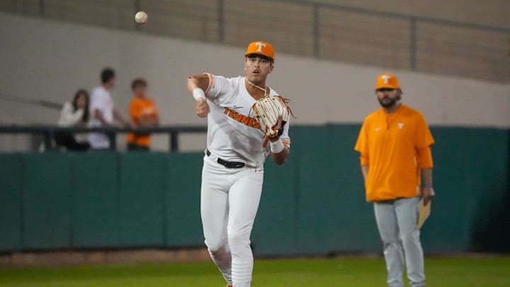 Tennessee's Dean Curley (1) throws the ball during the Tennessee Orange & White scrimmage baseball game at the Smokies Stadium in Kodak, Tenn., on Friday, November 8, 2024.