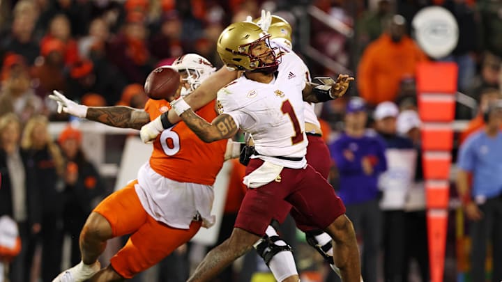 Oct 17, 2024; Blacksburg, Virginia, USA; Boston College Eagles quarterback Thomas Castellanos (1) throws a pass during the fourth quarter against the Virginia Tech Hokies at Lane Stadium. Mandatory Credit: Peter Casey-Imagn Images