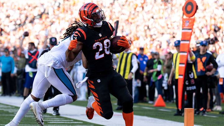 Cincinnati Bengals running back Joe Mixon (28) scores his fifth touchdown as Carolina Panthers