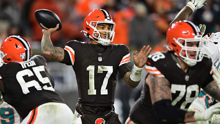 Dec 29, 2024; Cleveland, Ohio, USA; Cleveland Browns quarterback Dorian Thompson-Robinson (17) throws a pass during the second half against the Miami Dolphins at Huntington Bank Field. Mandatory Credit: Ken Blaze-Imagn Images