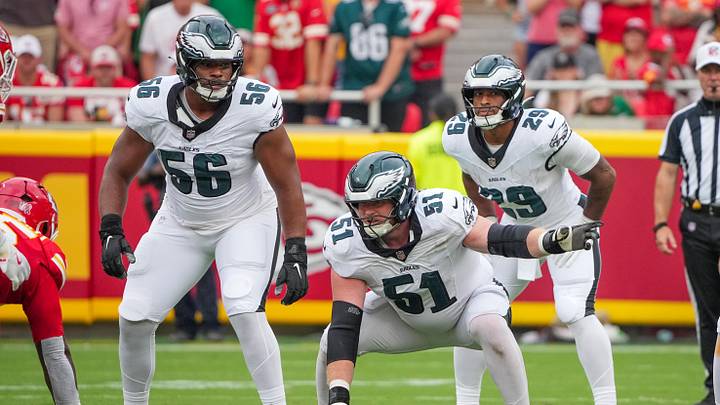 Sep 14, 2025; Kansas City, Missouri, USA; Philadelphia Eagles guard Tyler Steen (56) and center Cam Jurgens on the line of scrimmage against the Kansas City Chiefs during the game at GEHA Field at Arrowhead Stadium. Sep 14, 2025; Kansas City, Missouri, USA; Philadelphia Eagles guard Tyler Steen (56) and center Cam Jurgens on the line of scrimmage against the Kansas City Chiefs during the game at GEHA Field at Arrowhead Stadium.