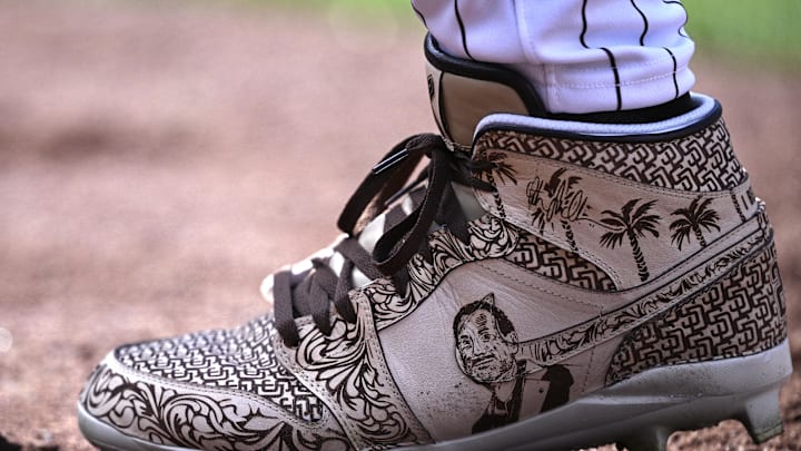 Mar 28, 2024; San Diego, California, USA; A detailed view of the shoes worn by San Diego Padres right fielder Fernando Tatis Jr. (23) in honor of former Padres chairman Peter Seidler during the fifth inning against the San Francisco Giants at Petco Park. Mar 28, 2024; San Diego, California, USA; A detailed view of the shoes worn by San Diego Padres right fielder Fernando Tatis Jr. (23) in honor of former Padres chairman Peter Seidler during the fifth inning against the San Francisco Giants at Petco Park.