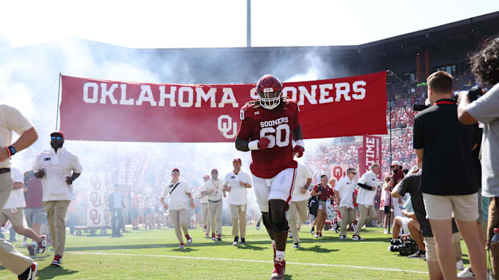 Sep 2, 2023; Norman, Oklahoma, USA; Oklahoma Sooners offensive lineman Tyler Guyton (60) before the