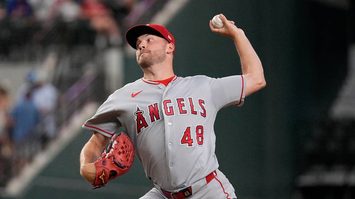 Aug 21, 2026; Arlington, Texas, USA;  Los Angeles Angels pitcher Reid Detmers (48) throws to the plate against the Texas Rangers during the first inning at Globe Life Field. Mandatory Credit: Raymond Carlin III-Imagn Images