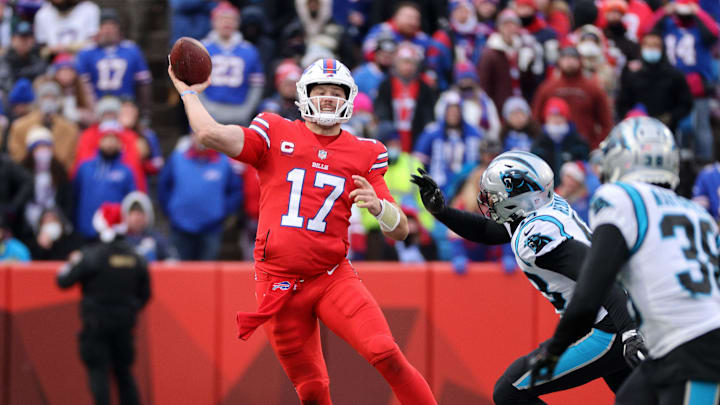 Bills quarterback Josh Allen makes an off balance throw against the Panthers. Bills quarterback Josh Allen makes an off balance throw against the Panthers.