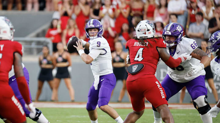 Aug 29, 2024; Raleigh, North Carolina, USA; Western Carolina Catamounts quarterback Cole Gonzales (9) prepares to throw the football during the first half of the game against North Carolina State Wolfpack at Carter-Finley Stadium. Mandatory Credit: Jaylynn Nash-Imagn Images
Aug 29, 2024; Raleigh, North Carolina, USA; Western Carolina Catamounts quarterback Cole Gonzales (9) prepares to throw the football during the first half of the game against North Carolina State Wolfpack at Carter-Finley Stadium. Mandatory Credit: Jaylynn Nash-Imagn Images