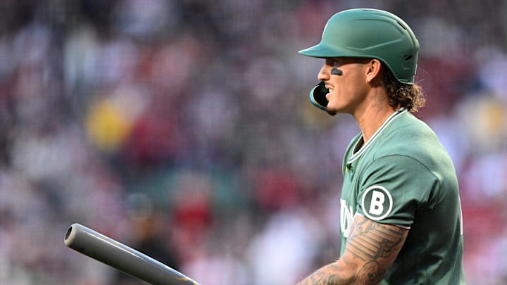 May 1, 2026; Boston, Massachusetts, USA; Boston Red Sox left fielder Jarren Duran (16) walks to the plate during the first inning of a game against Houston Astros at Fenway Park. Mandatory Credit: Brian Fluharty-Imagn Images