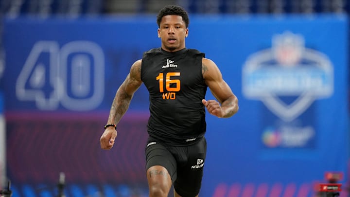 Mar 1, 2025; Indianapolis, IN, USA; Texas wideout Matthew Golden (WO16) during the 2025 NFL Combine at Lucas Oil Stadium. Mandatory Credit: Kirby Lee-Imagn Images