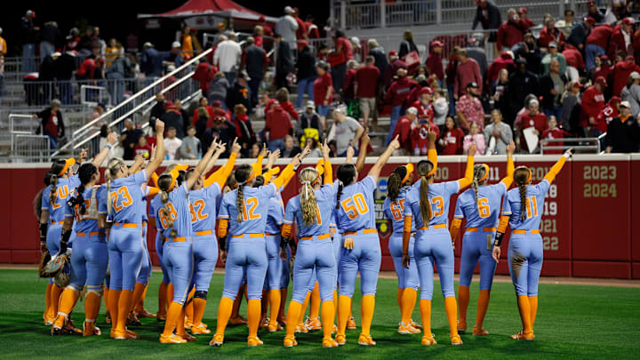 Tennessee celebrates after an NCAA softball game between the Oklahoma Sooners (OU) and the Tennessee Lady Volunteers at Love's Field in Norman, Okla., Friday, March 28, 2025.
