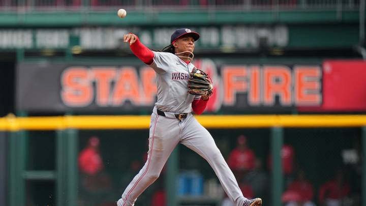 Washington Nationals shortstop CJ Abrams (5) throws to first for an out in the fourth inning of a baseball game against the Cincinnati Reds, Sunday, March 31, 2024, at Great American Ball Park in Cincinnati. Washington Nationals shortstop CJ Abrams (5) throws to first for an out in the fourth inning of a baseball game against the Cincinnati Reds, Sunday, March 31, 2024, at Great American Ball Park in Cincinnati.