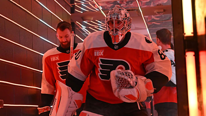 Apr 25, 2026; Philadelphia, Pennsylvania, USA; Philadelphia Flyers goaltender Dan Vladar (80) walks toward the ice for warmups against the Pittsburgh Penguins in game four of the first round of the 2026 Stanley Cup Playoffs at Xfinity Mobile Arena. Mandatory Credit: Eric Hartline-Imagn Images