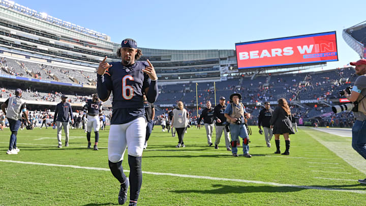 Oct 6, 2024; Chicago, Illinois, USA; Chicago Bears cornerback Kyler Gordon (6) celebrates after the game against the Carolina Panthers at Soldier Field. Mandatory Credit: Daniel Bartel-Imagn Images