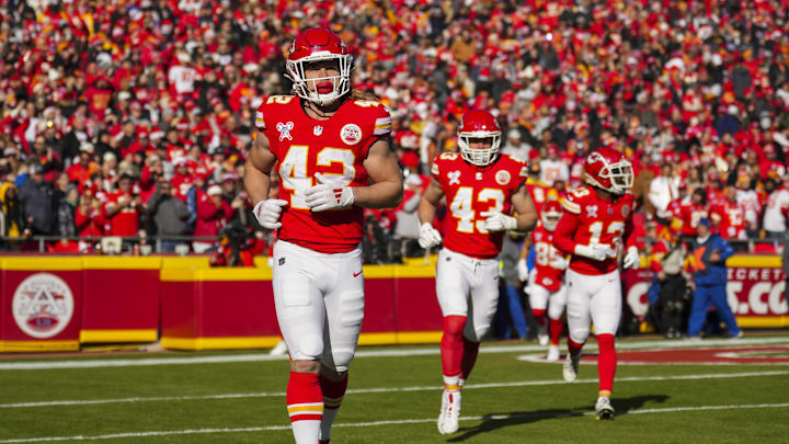 Dec 21, 2024; Kansas City, Missouri, USA; Kansas City Chiefs running back Carson Steele (42) runs off the field during the first half against the Houston Texans at GEHA Field at Arrowhead Stadium. Mandatory Credit: Jay Biggerstaff-Imagn Images Dec 21, 2024; Kansas City, Missouri, USA; Kansas City Chiefs running back Carson Steele (42) runs off the field during the first half against the Houston Texans at GEHA Field at Arrowhead Stadium. Mandatory Credit: Jay Biggerstaff-Imagn Images