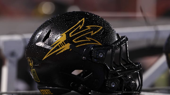 Oct 11, 2025; Salt Lake City, Utah, USA; A general view of the helmet worn by the Arizona State Sun Devils during the game against the Utah Utes at Rice-Eccles Stadium. Mandatory Credit: Rob Gray-Imagn Images
