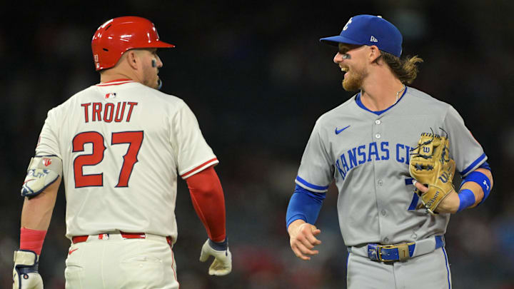 Sep 23, 2025; Anaheim, California, USA; Los Angeles Angels designated hitter Mike Trout (27) and Kansas City Royals shortstop Bobby Witt Jr. (7) laugh as they pass each other after the fourth inning at Angel Stadium. Mandatory Credit: Jayne Kamin-Oncea-Imagn Images Sep 23, 2025; Anaheim, California, USA; Los Angeles Angels designated hitter Mike Trout (27) and Kansas City Royals shortstop Bobby Witt Jr. (7) laugh as they pass each other after the fourth inning at Angel Stadium. Mandatory Credit: Jayne Kamin-Oncea-Imagn Images