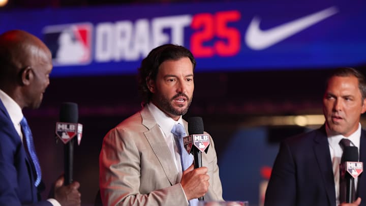 Jul 13, 2025; Atlanta, GA, USA; Tennessee Volunteers head coach Tony Vitello speaks with MLB Network during the MLB Draft at The Coca-Cola Roxy. Mandatory Credit: Brett Davis-Imagn Images