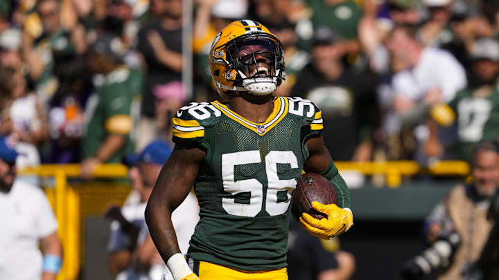 Green Bay Packers linebacker Edgerrin Cooper celebrates after recovering a fumble against the Minnesota Vikings.