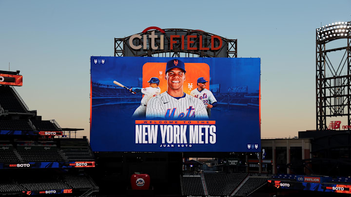 Dec 12, 2024; Flushing, NY, USA; General view of the scoreboard at Citi Field during an introductory press conference for New York Mets right fielder Juan Soto. Mandatory Credit: Brad Penner-Imagn Images