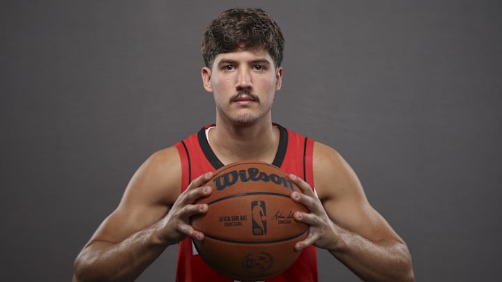 Sep 30, 2024; Houston, TX, USA; Houston Rockets guard Reed Sheppard (15) during Houston Rockets media day. Mandatory Credit: Troy Taormina-Imagn Images
