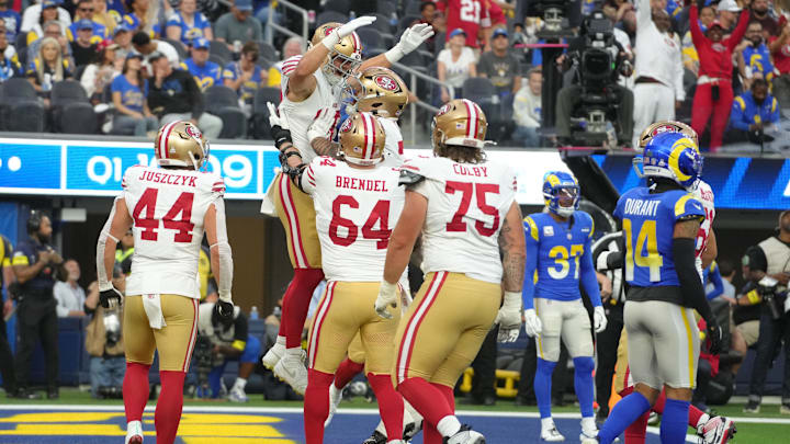 Oct 2, 2025; Inglewood, California, USA; San Francisco 49ers tight end Jake Tonges (88) reacts after making a touchdown catch against the Los Angeles Rams during the first half at SoFi Stadium. Mandatory Credit: Kirby Lee-Imagn Images