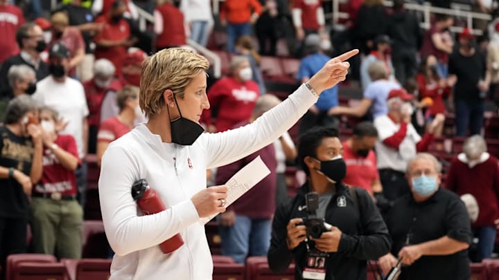Feb 13, 2022; Stanford, California, USA; Stanford Cardinal associate head coach Kate Paye gestures after the game against the Colorado Buffaloes at Maples Pavilion. Mandatory Credit: Darren Yamashita-Imagn Images Feb 13, 2022; Stanford, California, USA; Stanford Cardinal associate head coach Kate Paye gestures after the game against the Colorado Buffaloes at Maples Pavilion. Mandatory Credit: Darren Yamashita-Imagn Images
