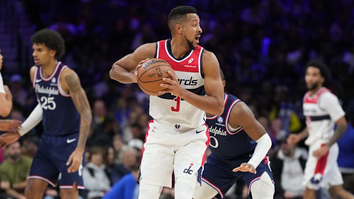 Dec 2, 2025; Philadelphia, Pennsylvania, USA; Washington Wizards guard CJ McCollum (3) controls the ball against the Philadelphia 76ers in the third quarter at Xfinity Mobile Arena. Mandatory Credit: Kyle Ross-Imagn Images
