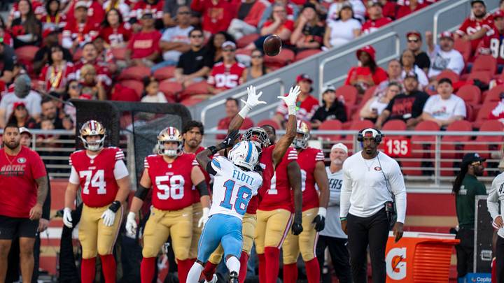 August 13, 2026; Santa Clara, California, USA; San Francisco 49ers wide receiver De'zhaun Stribling (15) catches the football against Tennessee Titans cornerback Cor'dale Flott (18) during the second quarter at Levi's Stadium. Mandatory Credit: Kyle Terada-Imagn Images August 13, 2026; Santa Clara, California, USA; San Francisco 49ers wide receiver De'zhaun Stribling (15) catches the football against Tennessee Titans cornerback Cor'dale Flott (18) during the second quarter at Levi's Stadium. Mandatory Credit: Kyle Terada-Imagn Images