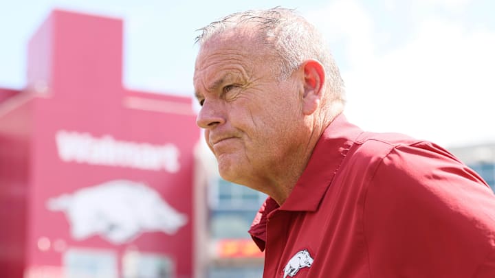 Aug 30, 2025; Fayetteville, Arkansas, USA; Arkansas Razorbacks head coach coach Sam Pittman prior to the game against the Alabama A&M Bulldogs at Donald W. Reynolds Razorback Stadium. Mandatory Credit: Nelson Chenault-Imagn Images