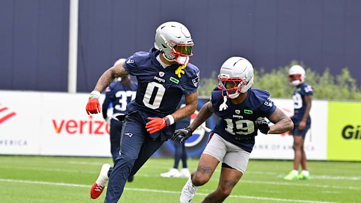 Jun 9, 2025; Foxborough, MA, USA; New England Patriots cornerback Christian Gonzalez (0) and cornerback Kobee Minor (19) run a drill during minicamp at Gillette Stadium. Mandatory Credit: Eric Canha-Imagn Images Jun 9, 2025; Foxborough, MA, USA; New England Patriots cornerback Christian Gonzalez (0) and cornerback Kobee Minor (19) run a drill during minicamp at Gillette Stadium. Mandatory Credit: Eric Canha-Imagn Images