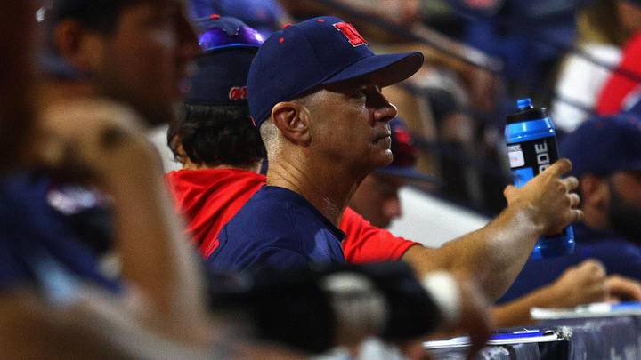 Jun 1, 2025; Oxford, MS, USA; Mississippi Rebels head coach Mike Bianco looks on during the sixth inning against the Murray State Racers. Mandatory Credit: Petre Thomas-Imagn Images