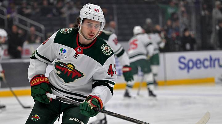 Jan 5, 2026; Los Angeles, California, USA;  Minnesota Wild defenseman Quinn Hughes (43) warms up prior to the game against the Los Angeles Kings at Crypto.com Arena. Mandatory Credit: Jayne Kamin-Oncea-Imagn Images