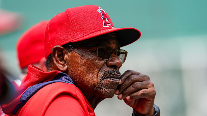 Jun 4, 2025; Boston, Massachusetts, USA; Los Angeles Angels manager Ron Washington (37) watches from the dugout against the Boston Red Sox in the first inning at Fenway Park. Mandatory Credit: David Butler II-Imagn Images