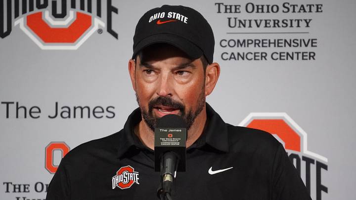 Ohio State coach Ryan Day speaks to reporters after a 14-7 win over Texas on Aug. 30, 2025.