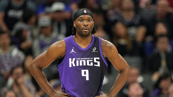 Apr 3, 2026; Sacramento, California, USA; Sacramento Kings forward Precious Achiuwa (9) during the first quarter against the New Orleans Pelicans at Golden 1 Center. Apr 3, 2026; Sacramento, California, USA; Sacramento Kings forward Precious Achiuwa (9) during the first quarter against the New Orleans Pelicans at Golden 1 Center.