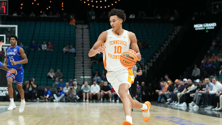 Nov 26, 2025; Las Vegas, NV, USA; Tennessee Volunteers forward Nate Ament (10) drives the ball in the first half against the Kansas Jayhawks in the 2025 Players Era Festival third place game at MGM Grand Garden Arena. Mandatory Credit: Kirby Lee-Imagn Images Nov 26, 2025; Las Vegas, NV, USA; Tennessee Volunteers forward Nate Ament (10) drives the ball in the first half against the Kansas Jayhawks in the 2025 Players Era Festival third place game at MGM Grand Garden Arena. Mandatory Credit: Kirby Lee-Imagn Images