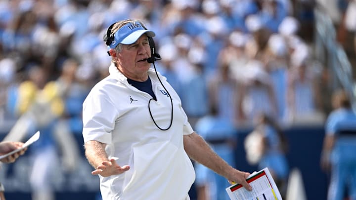 Sep 13, 2025; Chapel Hill, North Carolina, USA; North Carolina Tar Heels head coach Bill Belichick on the sidelines in the second quarter at Kenan Stadium. Mandatory Credit: Bob Donnan-Imagn Images