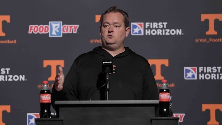 Tennessee head football coach Josh Heupel speaks to the media during football media day, in Knoxville, Tennessee, July 29, 2025.