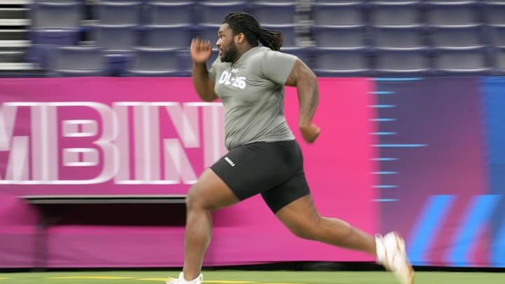 Feb 29, 2024; Indianapolis, IN, USA; Texas defensive lineman T'Vondre Sweat (DL25) works out during